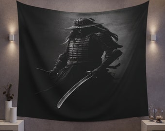 Tapiz de pared de guerrero de la sombra / Samurai japonés oscuro audaz Arte inspirado en Asia / Foto Video Zoom Streaming Fondo Telón de fondo colgante