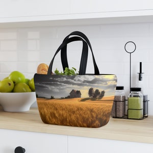 Fields of Gold Neoprene Lunch Bag | Artistic Farmhouse Rural Harvest | Elegant Chic Fashionable Practical | Stylish Chic Adult Lunch Satchel