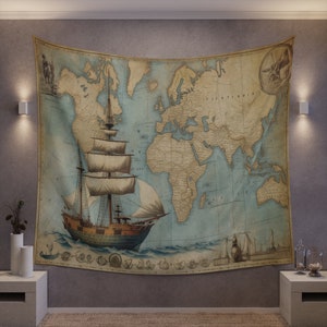 Tapiz de pared de la visión de la gente de mar/mapa del mundo del barco de vela Vintage antiguo/foto Video Zoom Streaming Fondo telón de fondo decoración colgante