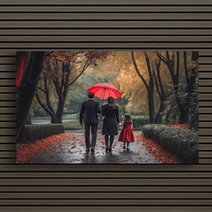 Rote Regenschirmfamilie: Togetherness | Crimson Canopy Park Szene Spaziergang Leinwand Wand Kunst Print Decor | Fertig zum Aufhängen