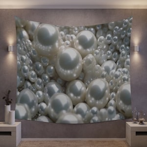 Tapisserie murale Gala blanc nacré | Collage de perles abstraites Graceful Elegance | Photo Vidéo Zoom Streaming Arrière-plan Toile de fond Décoration suspendue