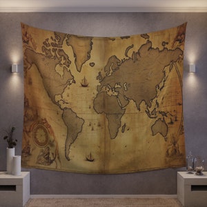Tapiz de pared de navegación nostálgica/antiguo encanto Vintage mapa del mundo/Foto Video Zoom Streaming Fondo telón de fondo decoración colgante