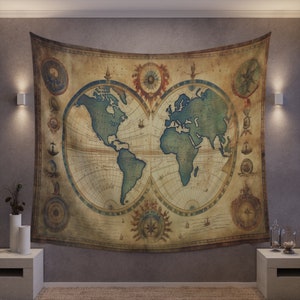 Navegador retro Decoración de pared / Encanto vintage antiguo Hemisferios Mapa del mundo / Foto Video Zoom Streaming Fondo Telón de fondo Tapiz colgante