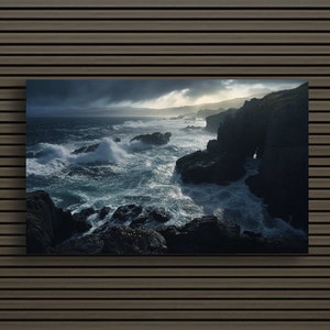 May include: A canvas print depicting a dramatic coastal scene. The image showcases a turbulent ocean with large waves crashing against dark, rocky cliffs under a stormy sky. The artwork is mounted on a wooden background.