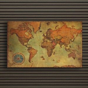 Exploraciones atemporales: Decoración de pared de mapa del mundo retro / Obra de arte desgastada de estilo antiguo vintage / Impresión de arte de pared de lienzo / Listo para colgar