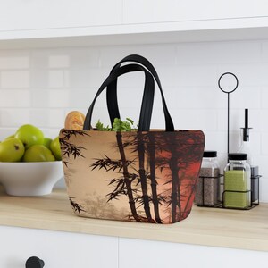 Bamboo Serenity: Neoprene Lunch Bag | Tranquil Zen Sunset Artwork | Elegant Fashionable Practical | Stylish Chic Adult Lunch Satchel