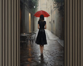 May include: A woman in a black dress walks down a cobblestone street holding a red umbrella. The street is lined with buildings and there are tables and chairs in the background.