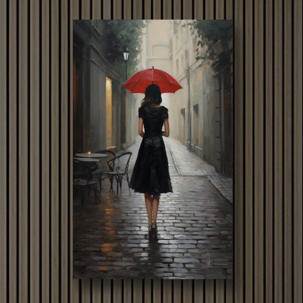 Red Umbrella: Awaiting Love | Romance Inspired Paris Scene Girl with Umbrella Canvas Wall Art Print Decor | Ready to Hang