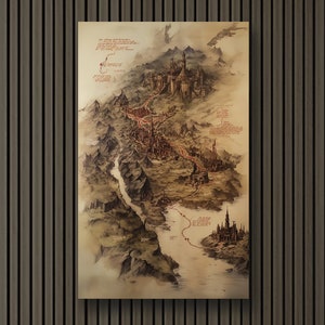 Puede incluir: Un mapa detallado dibujado a mano de una ciudad ficticia con un gran castillo en el fondo. El mapa está dibujado con tinta marrón y roja sobre un fondo de pergamino. El mapa incluye un río, montañas y una variedad de edificios.