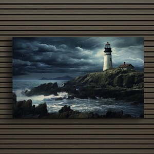 Leidend licht canvas kunst aan de muur | Boeiende Majestueuze Vuurtoren aan zee Crashing Waves Rocky Shore | Home Decor Print Klaar om op te hangen