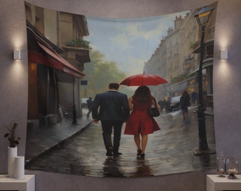 Tenture murale promenade des amoureux | Date Night Couple se promener parapluie rouge Art | Photo Vidéo Zoom Streaming Fond Toile de Fond Tentures