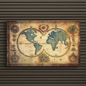 Cartografía cautivadora: Arte de mapa del mundo vintage / Mapa de estilo clásico del viejo mundo antiguo / Decoración de impresión de arte de pared de lienzo / Listo para colgar