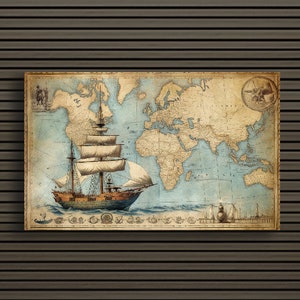 Aventura náutica: barco de vela y mapa vintage / mapa antiguo de estilo antiguo con barco majestuoso / decoración de impresión de arte de pared de lienzo / listo para colgar
