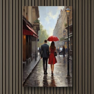 Pariser Promenade: Unter dem gleichen roten Regenschirm | Paar auf Romantischem Spaziergang Leinwand Wand Kunst Print Decor | Fertig zum Aufhängen