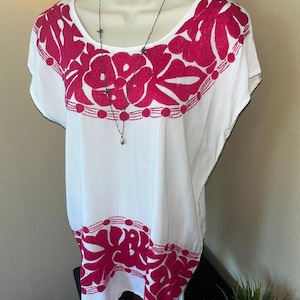 Mexican Embroidered white blouse with pink flowers-Oaxaca