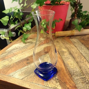 Vintage Retired Bormioli Rocco Ibisco Vase, Cobalt Blue Square Base, Hourglass Form, Elegant Pressed Glass, Made in Italy, Thick Glass