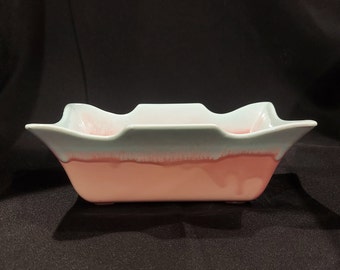 Vintage Hull Pottery #35 Lovely Rectangular Window Ceramic Planter, Pink and Light Blue Drip Glaze, Made Before 1950.