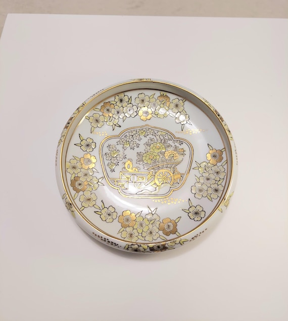 Vintage 1960's Gold Imari Hand Painted Floral and Peacock