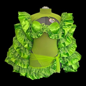 Drag Queen Ruffle Puff Sleeve Leotard & Skirt with Lace