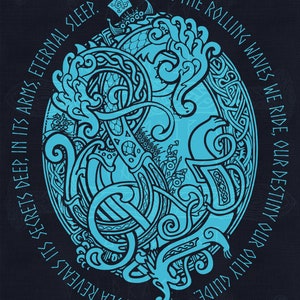 Twin Sea Serpents - camiseta nórdica viking com tinta turquesa