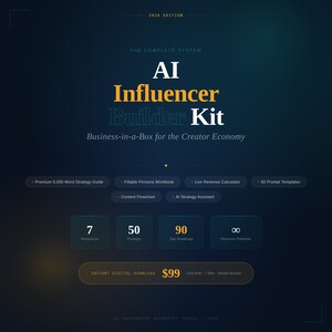 Puede incluir: Gráfico azul oscuro con el texto "AI Influencer Builder Kit" en blanco y dorado. La imagen enumera recursos, indicaciones, una hoja de ruta diaria y potencial de ingresos. También es visible el texto "Descarga digital instantánea".