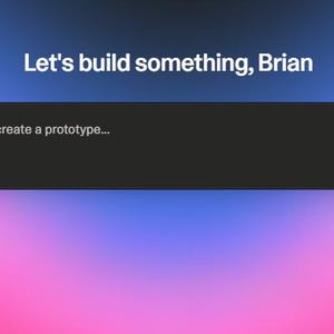Op de afbeelding: Een digitale interface met bovenaan de tekst "Let's build something, Brian". Een donkergrijze zoekbalk leest "Ask Lovable to create a prototype..." met een plusteken links. De achtergrond is een verloop van blauw, paars en roze.