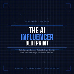 Puede incluir: Gráfico de descarga digital con un fondo de cuadrícula azul oscuro. El título "THE AI INFLUENCER BLUEPRINT" está en blanco y azul. El texto de abajo dice "Build an audience. Establish authority. Turn AI knowledge into real income."