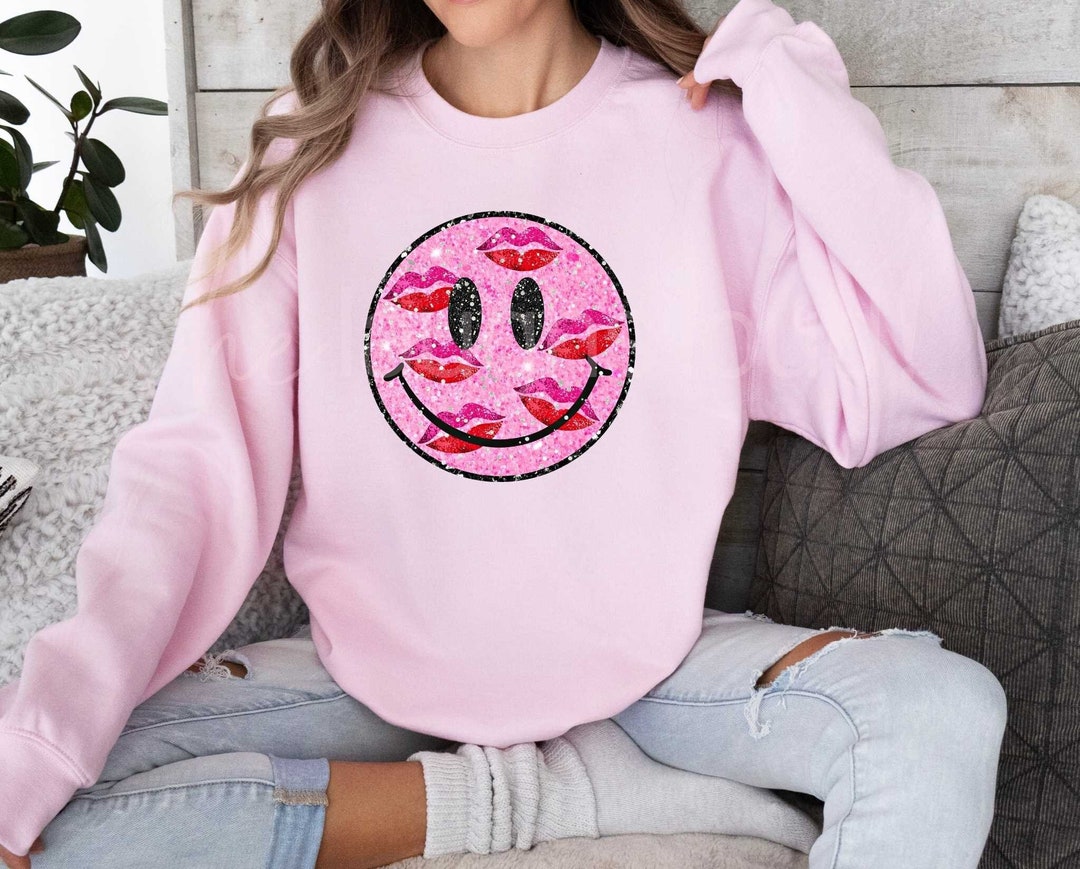 Smiley Kissy Face Lips Faux Glitter Valentines Day Shirt Smiley With