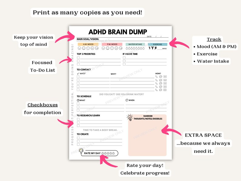 May include: ADHD Brain Dump printable planner with sections for goals, to-do lists, mood tracking, and water intake. Includes space for notes and doodles, and a rating system to celebrate progress. The planner is designed to be printed as many times as needed.