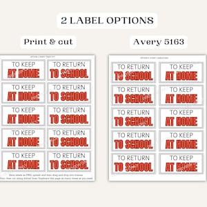 K&ouml;nnte beinhalten: Zwei Etikettenoptionen werden gezeigt: "Print & cut" und "Avery 5163". Jedes Etikett lautet "To Keep At Home" und "To Return To School" in roter Schrift. Die Etiketten sind rechteckig mit wei&szlig;em Rand und in Reihen angeordnet.