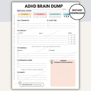 ADHD Brain Dump Printable, ADHD Planner Adult, Thought Organizer, ADHD To Do List Template, Productivity Planner, Daily Neurodivergent Plan