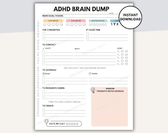 ADHD Brain Dump Printable, ADHD Planner Adult, Thought Organizer, ADHD To Do List Template, Productivity Planner, Daily Neurodivergent Plan