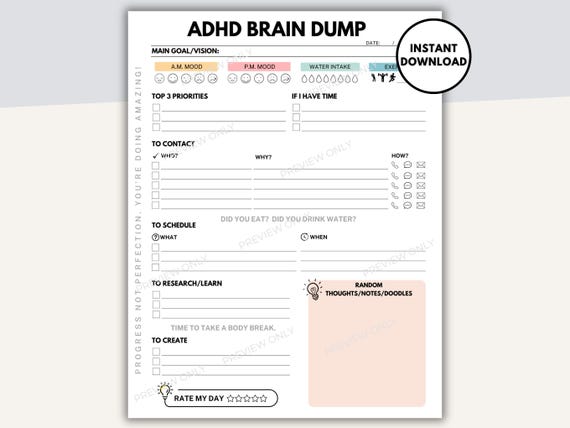 ADHD Brain Dump Printable, ADHD Planner Adult, Thought Organizer, ADHD To Do List Template, Productivity Planner, Daily Neurodivergent Plan