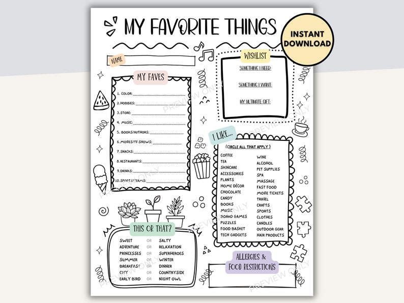 Pode incluir: Uma folha de trabalho imprim&iacute;vel com um design em preto e branco. A folha de trabalho &eacute; intitulada "Minhas coisas favoritas" e inclui se&ccedil;&otilde;es para "Minhas favoritas", "Lista de desejos", "Eu gosto", "Isso ou aquilo?" e "Alergias e restri&ccedil;&otilde;es alimentares".