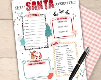 May include: A printable Secret Santa questionnaire with a festive red and green colour scheme. The questionnaire asks for the recipient's favourite things, including colour, hobbies, store, music, books, TV shows, snacks, restaurants, drinks, and sports teams. It also asks for their wishlist, including something they need, something they want, and their ultimate gift. The questionnaire also asks for allergies and food restrictions. The questionnaire is decorated with a cartoon Santa Claus and reindeer.