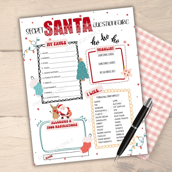 Secret Santa Questionnaire Printable, Christmas Party, Family Secret Santa Survey, Work Secret Santa List, White Elephant, Yankee Swap