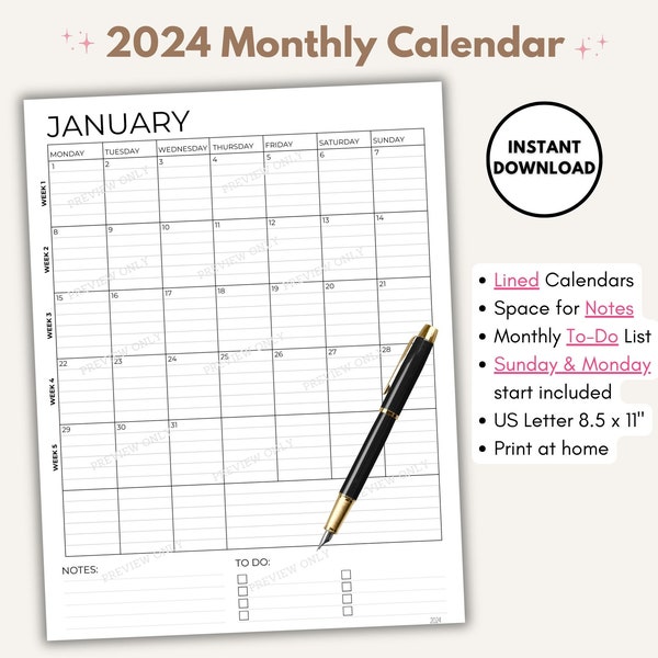 2024 Monthly Lined Calendar, Monthly Planner, Portrait, 2024 Lined Calendar PDF Printable, Monthly To-Do List