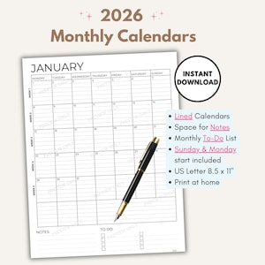 Pode incluir: Calendário mensal de 2026 com janeiro, com espaço para notas e uma lista de tarefas. Uma caneta preta com detalhes dourados está sobre o calendário. O calendário é no formato US Letter, aproximadamente 21,6 x 27,9 cm.