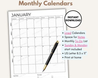 2026 Monthly Lined Calendar, Monthly Planner, Portrait, Minimalist Lined Calendar PDF Printable, Monthly To-Do List, Letter Size