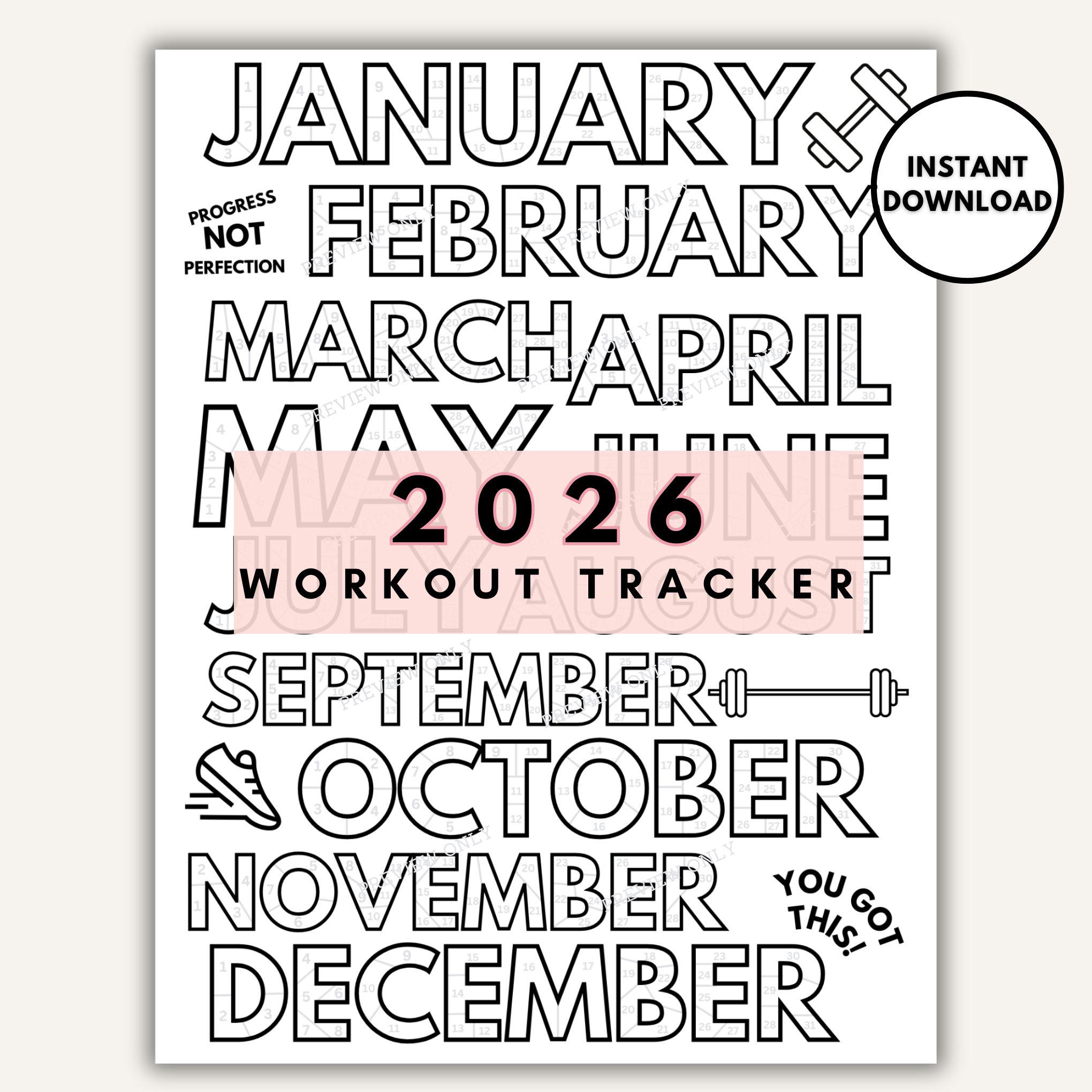 2026 workout tracker coloring page, wellness tracker, monthly