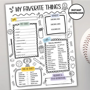 May include: A printable worksheet with the title "My Favorite Things" and a list of questions to answer about personal preferences. The worksheet includes sections for "My Faves", "Wishlist", "I Like", "This or That?", and "Allergies & Food Restrictions".