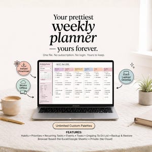 May include: A laptop displaying a weekly planner layout, with the text "Your prettiest weekly planner - yours forever." A coffee cup, pen, plant, and notebook are on the table. The planner features "Instant Download" and "Works Offline" options.