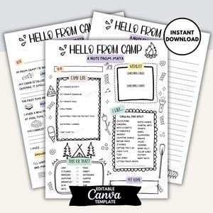 Cartas de campamento editables, Carta de campamento de verano imprimible, Papelería de campamento para rellenar, Plantilla de carta de campamento para niños, Campamento de verano
