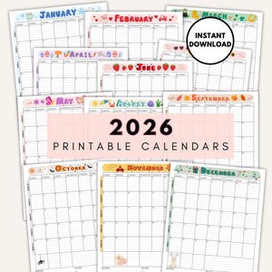May include: A collection of printable 2026 calendars, each page representing a month with decorative headers. The calendars feature a white background with a grid layout for daily entries. The text "INSTANT DOWNLOAD" is visible.