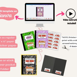 K&ouml;nnte beinhalten: Das Bild zeigt druckbare Vorlagen f&uuml;r Schulordner, einschlie&szlig;lich Etiketten und Anweisungen. Ein Computermonitor zeigt eine Notizbuchvorlage. Die Vorlagen sind f&uuml;r den Druck auf A4-Papier oder Aufkleberpapier konzipiert.