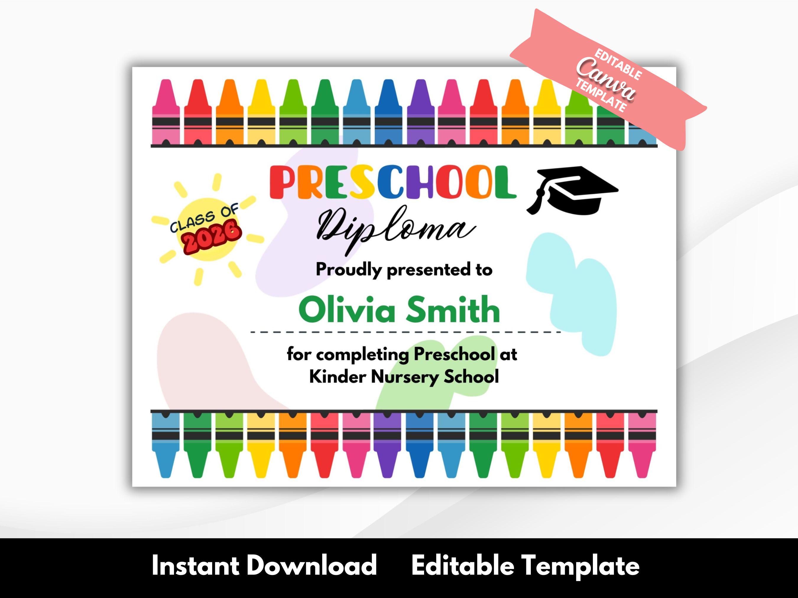 2026 Preschool Graduation Diploma, Preschool Diploma Template Printable ...