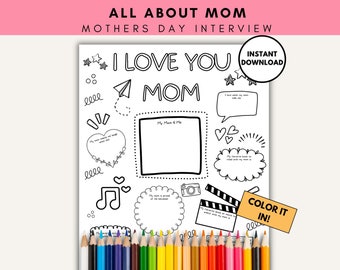 All About Mom Coloring Printable, Mothers Day Interview Questionnaire, First Mothers Day, Mothers Day from Daughter, Mothers Day from Son