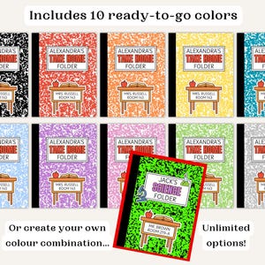 K&ouml;nnte beinhalten: Eine Sammlung farbenfroher Hausaufgabenhefte im Design eines Notizbuchs. Jedes Heft zeigt den Namen und die Raumnummer eines Lehrers, zusammen mit einem Apfel und einer Schreibtischgrafik. Der Text lautet "Includes 10 ready-to-go colors" und "Unlimited options!"