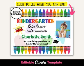 May include: A colorful kindergarten diploma template with a crayon border. The diploma includes the text "Kindergarten Diploma" and "Class of 2026". It features a photo of a child with paint on their face and hands. The text "Charlotte Smith" is also visible.