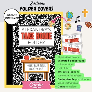 May include: Editable folder covers with a black and white composition notebook design. The folder includes the text "Alexandra's Take Home Folder" and "Mrs. Russell Room 143". Additional icons include a globe, music note, and football.